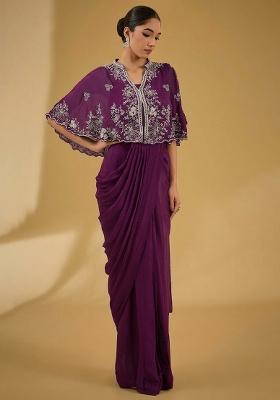 Soft Pink Hand Work Embellished Chinon Pre Draped Saree Set