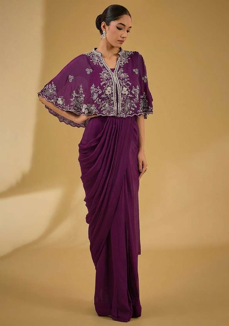 Soft Pink Hand Work Embellished Chinon Pre Draped Saree Set - Indya