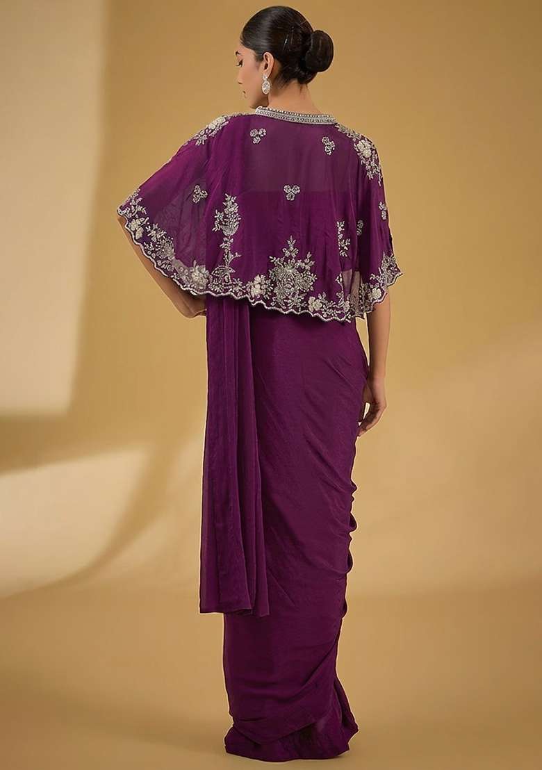 Soft Pink Hand Work Embellished Chinon Pre Draped Saree Set - Indya