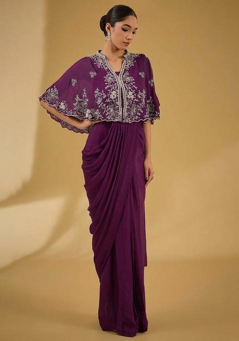 Soft Pink Hand Work Embellished Chinon Pre Draped Saree Set