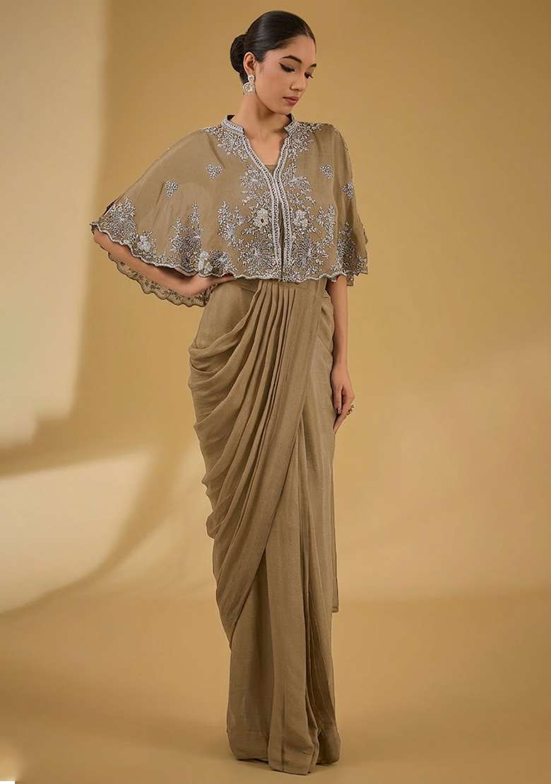 Beige Hand Work Embellished Chinon Pre Draped Saree Set - Indya
