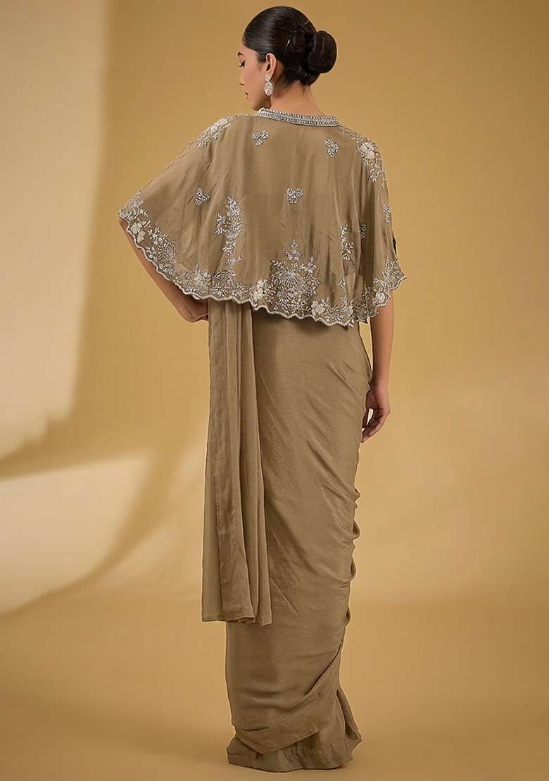 Beige Hand Work Embellished Chinon Pre Draped Saree Set - Indya