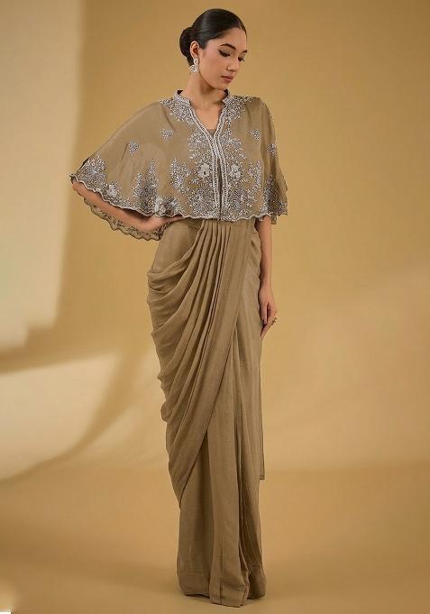 Beige Hand Work Embellished Chinon Pre Draped Saree Set