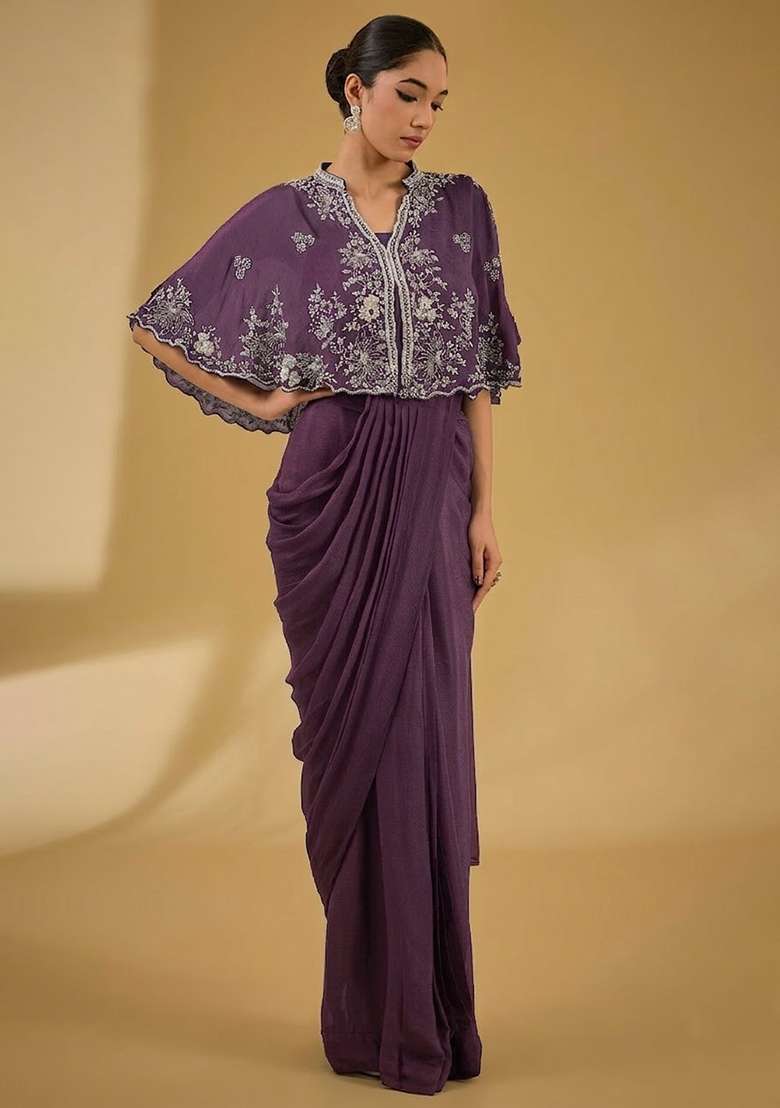 Violet Hand Work Embellished Chinon Pre Draped Saree Set - Indya