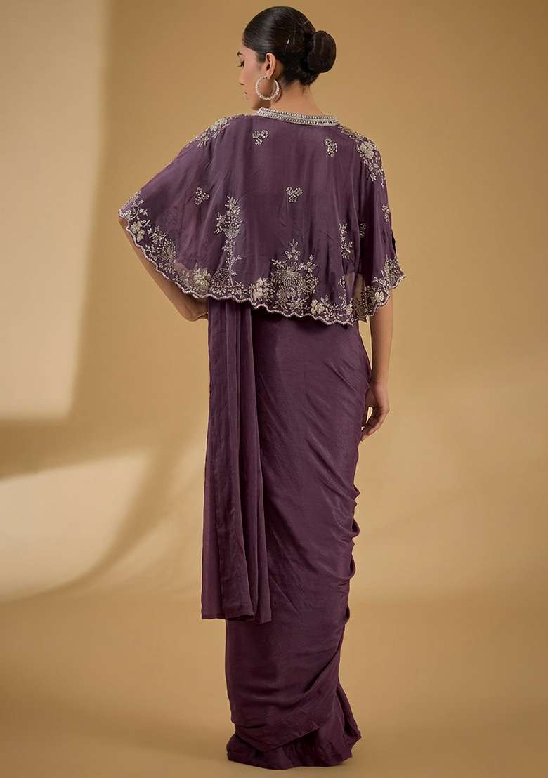 Violet Hand Work Embellished Chinon Pre Draped Saree Set - Indya