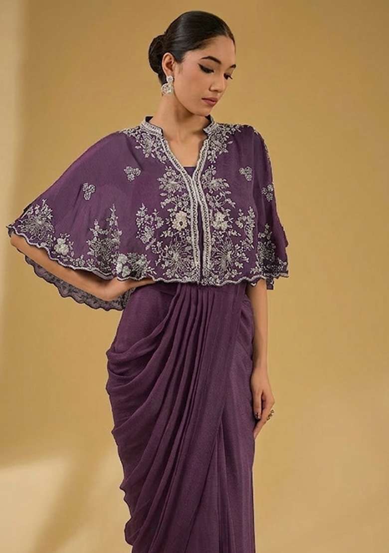 Violet Hand Work Embellished Chinon Pre Draped Saree Set - Indya