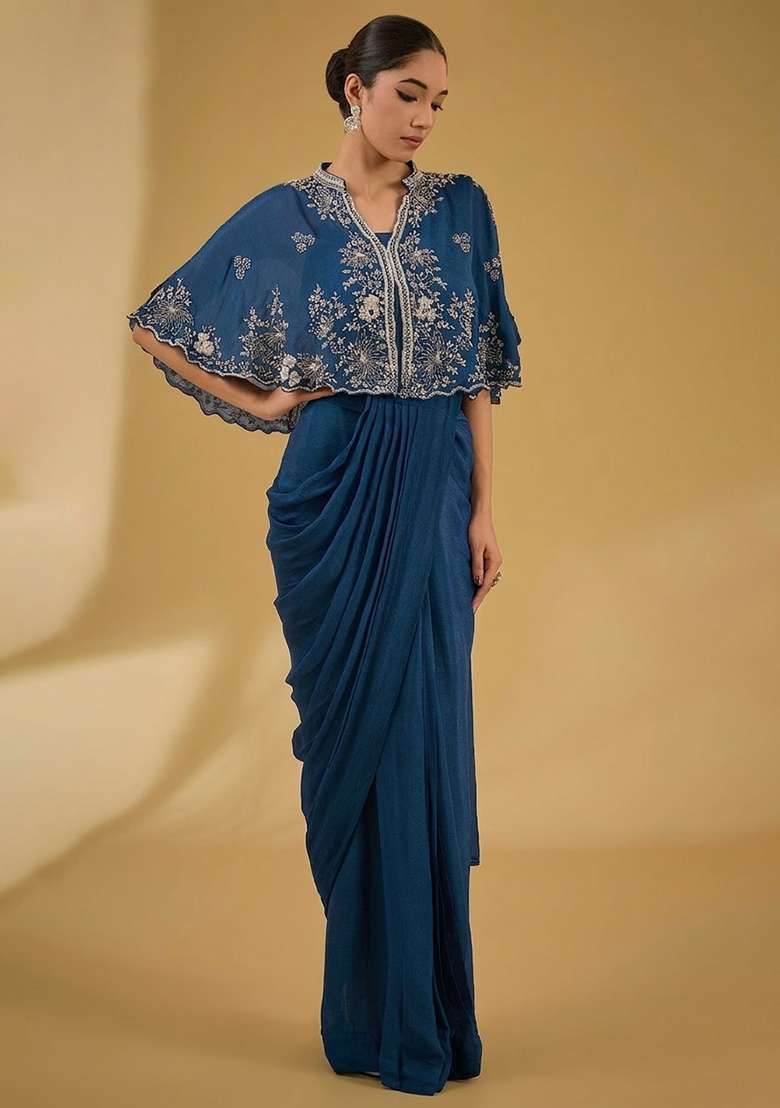 Deep Blue Hand Work Embellished Chinon Pre Draped Saree Set - Indya