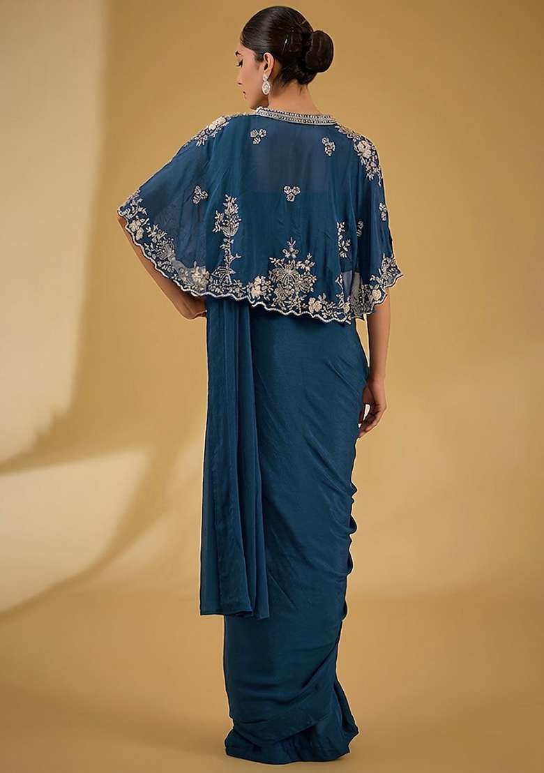 Deep Blue Hand Work Embellished Chinon Pre Draped Saree Set - Indya