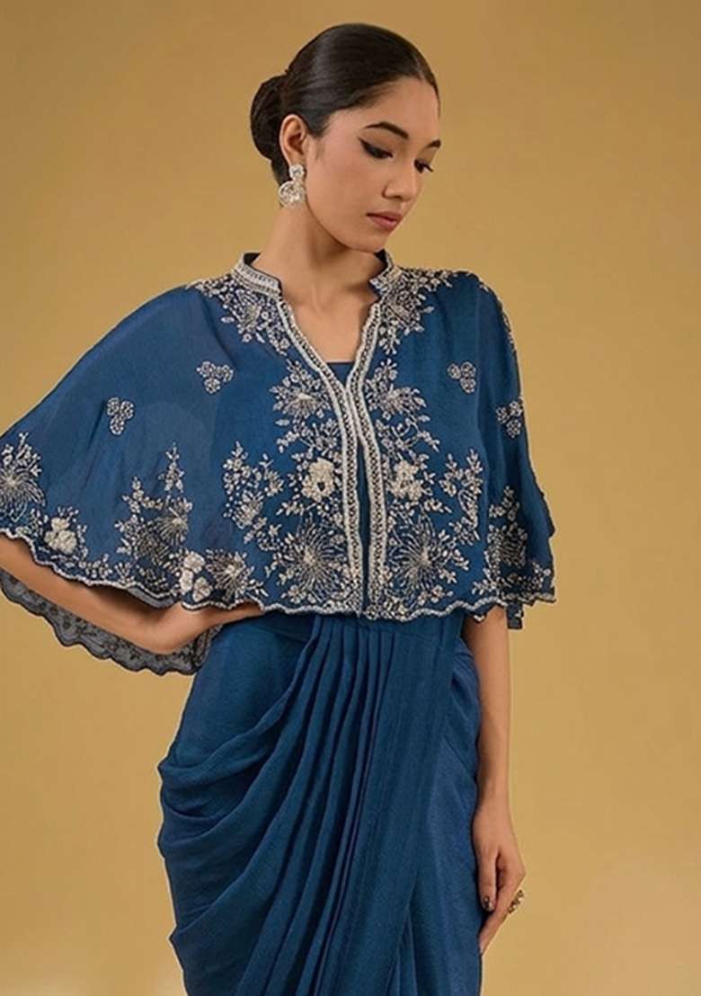 Deep Blue Hand Work Embellished Chinon Pre Draped Saree Set - Indya