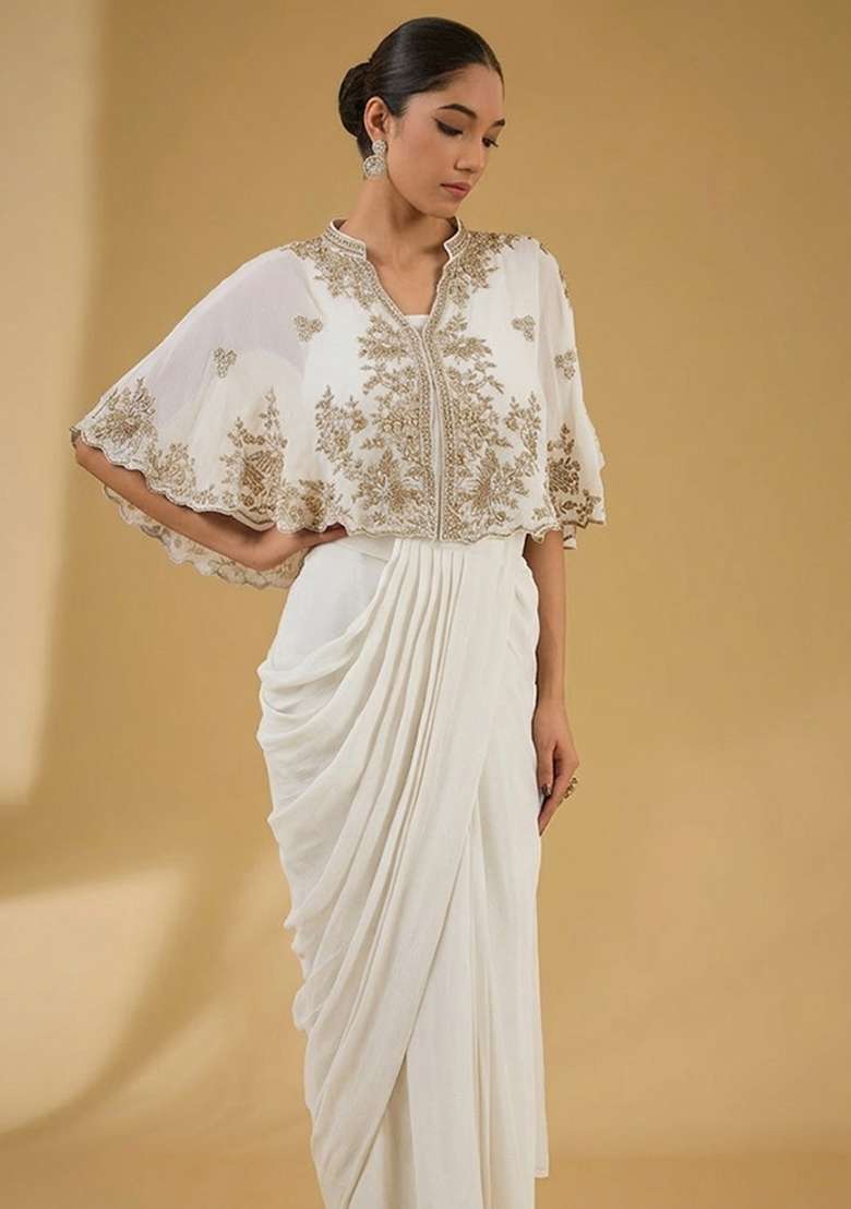 White Hand Work Embellished Chinon Pre Draped Saree Set - Indya