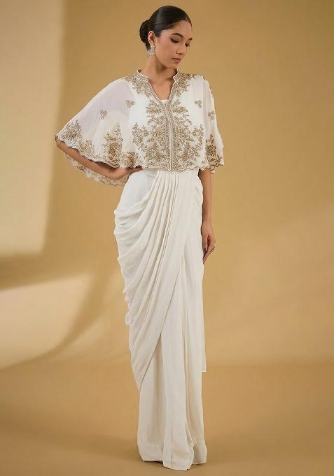 White Hand Work Embellished Chinon Pre Draped Saree Set — view on Indya