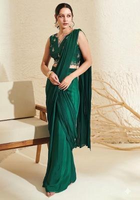 Light Green Hand Work Embroidered Chinon Pre Draped Saree Set