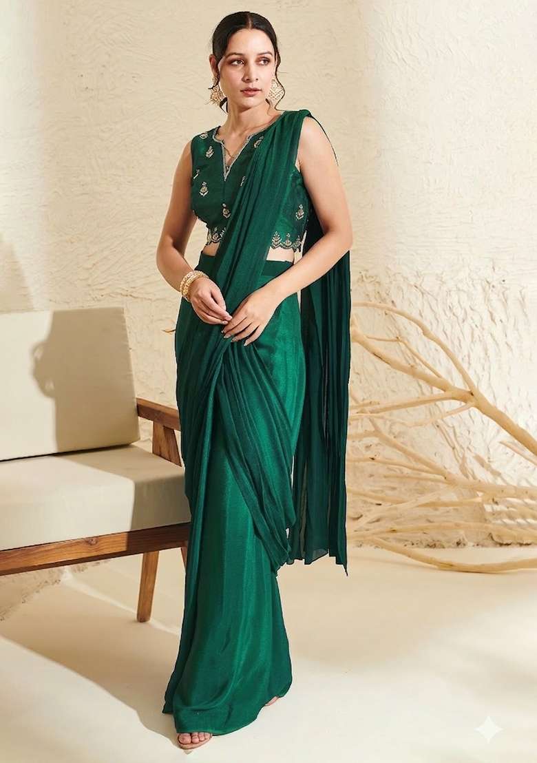 Light Green Hand Work Embroidered Chinon Pre Draped Saree Set - Indya