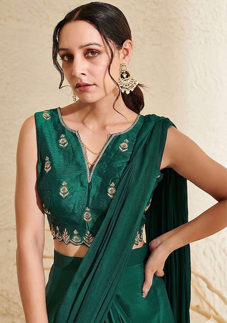 Light Green Hand Work Embroidered Chinon Pre Draped Saree Set - Indya