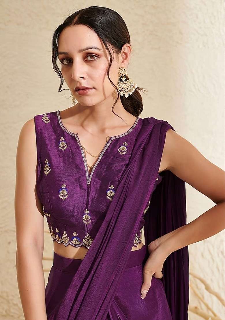 Berry Purple Hand Work Embroidered Chinon Pre Draped Saree Set - Indya
