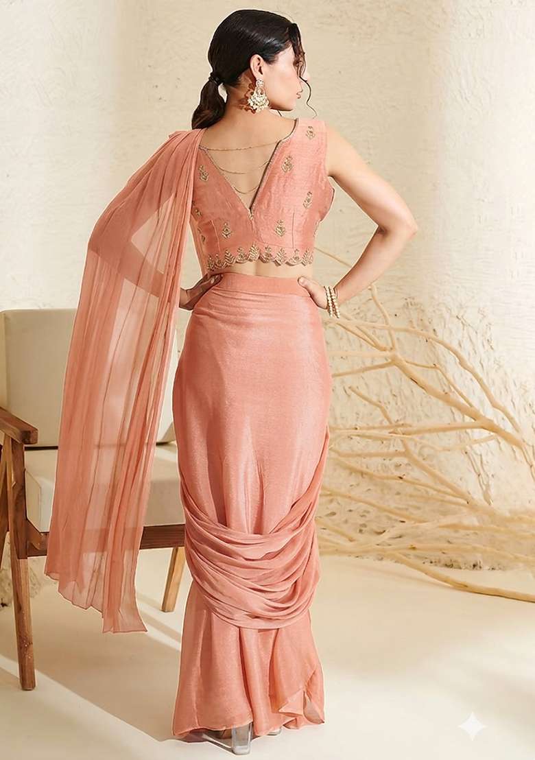 Peach Hand Work Embroidered Chinon Pre Draped Saree Set - Indya