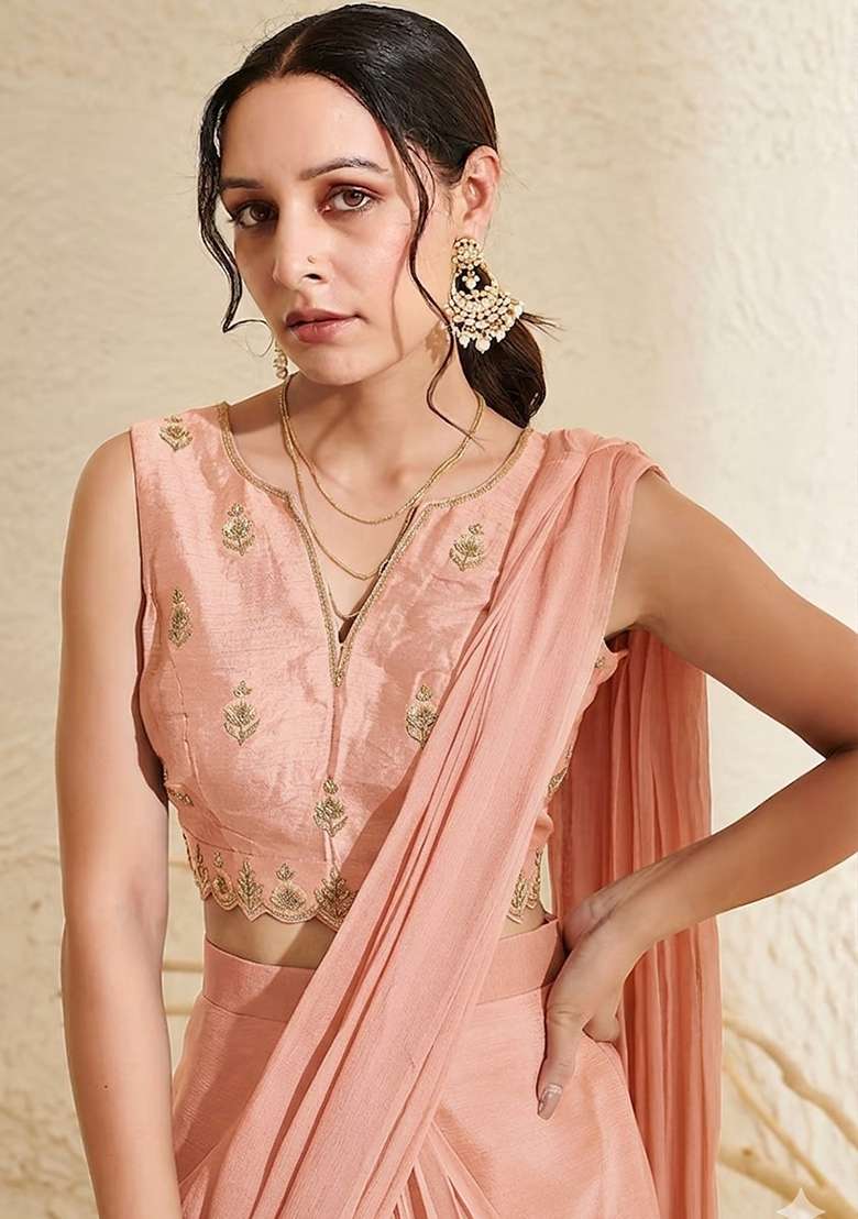 Peach Hand Work Embroidered Chinon Pre Draped Saree Set - Indya