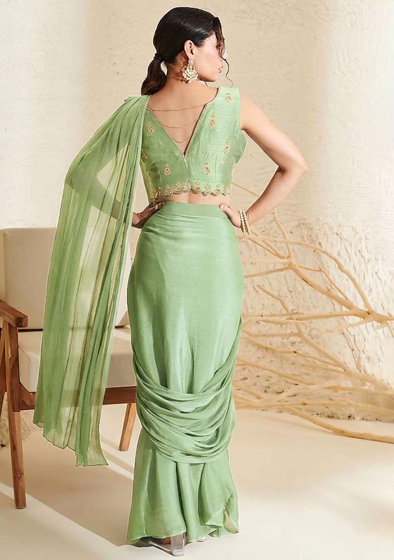 Light Green Hand Work Embroidered Chinon Pre Draped Saree Set - Indya