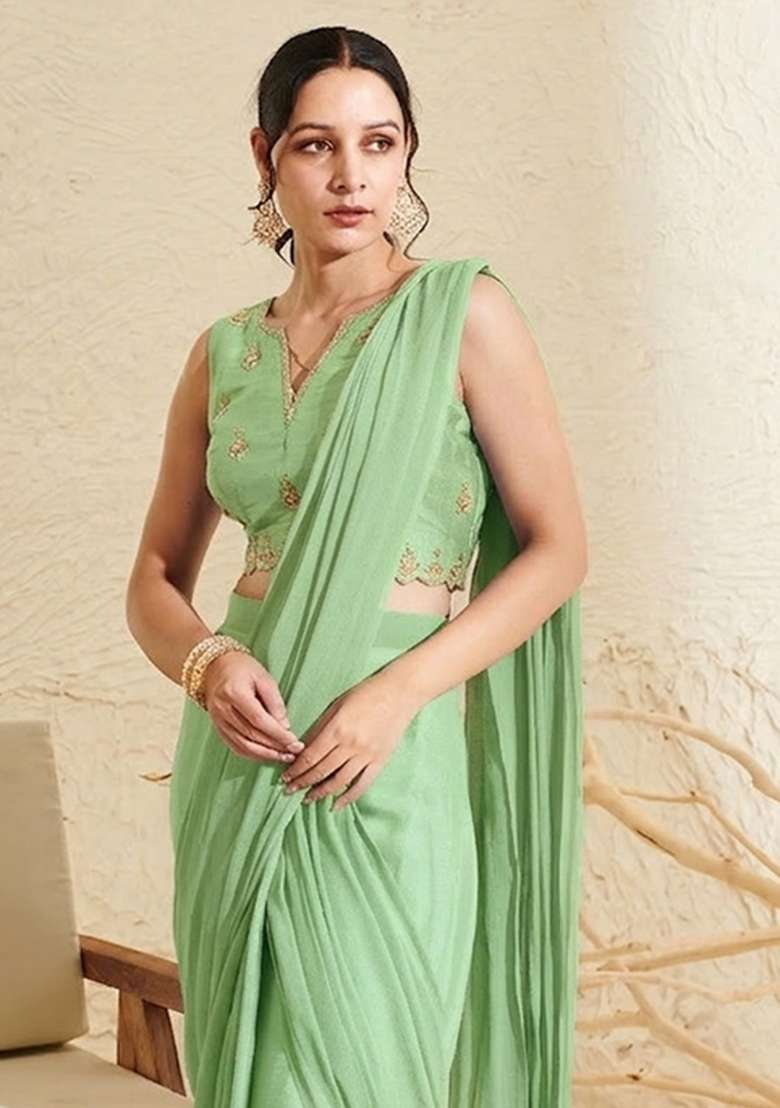 Light Green Hand Work Embroidered Chinon Pre Draped Saree Set - Indya