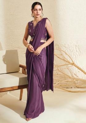 Plum Hand Work Embroidered Chinon Pre Draped Saree Set