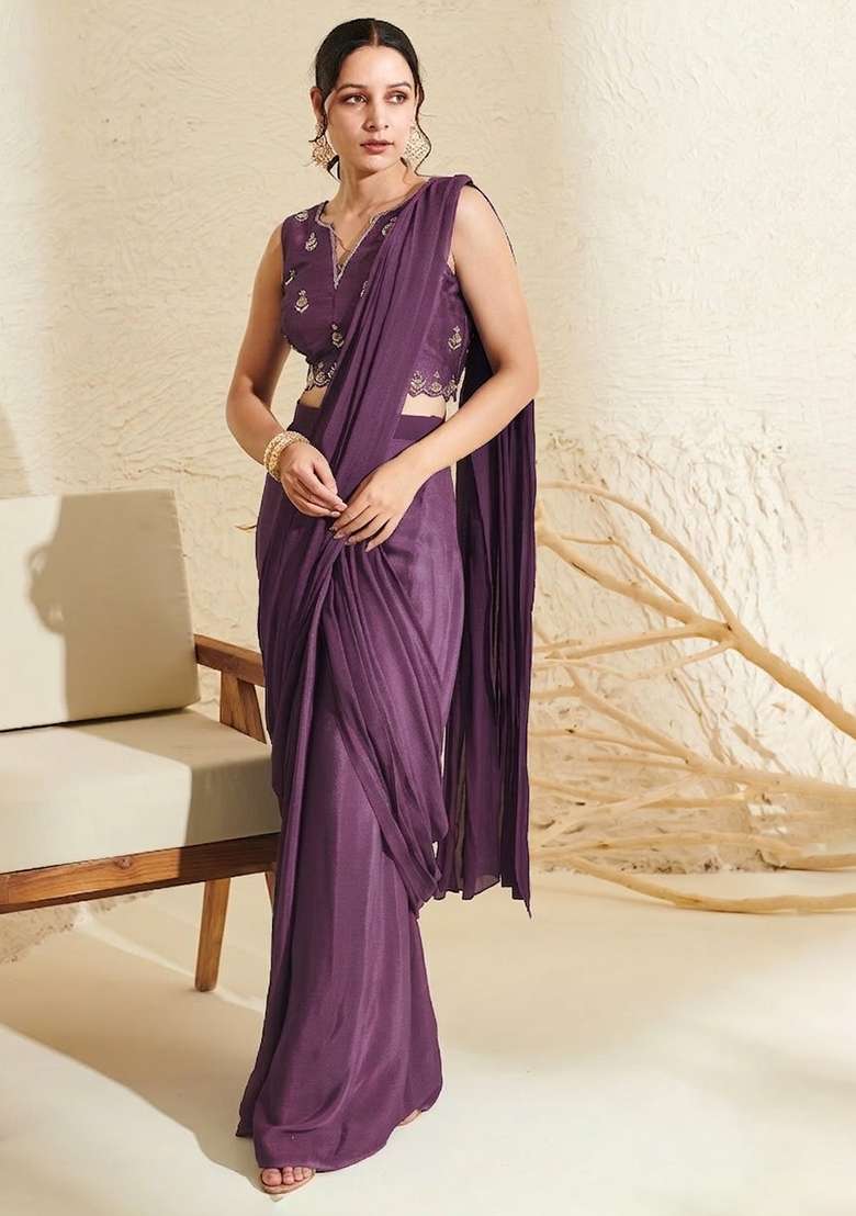 Plum Hand Work Embroidered Chinon Pre Draped Saree Set - Indya
