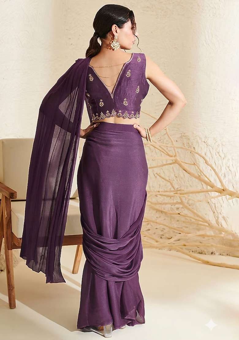 Plum Hand Work Embroidered Chinon Pre Draped Saree Set - Indya