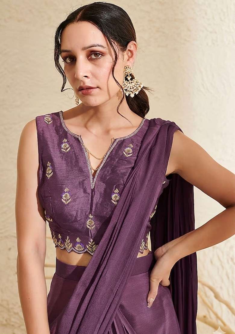 Plum Hand Work Embroidered Chinon Pre Draped Saree Set - Indya