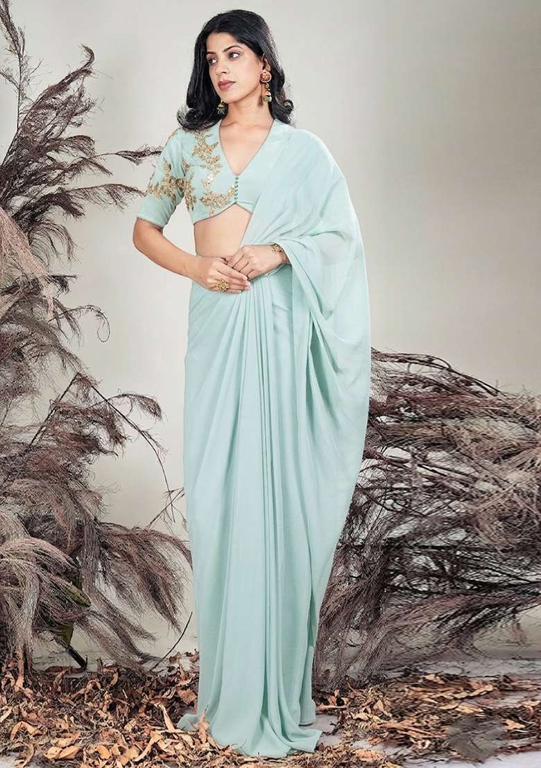 Off White Hand Work Embroidered Chinon Pre Draped Saree Set - Indya