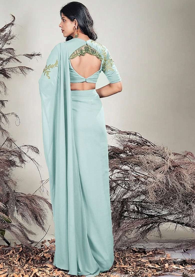 Off White Hand Work Embroidered Chinon Pre Draped Saree Set - Indya