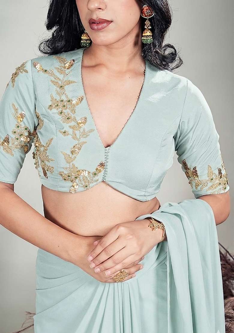 Off White Hand Work Embroidered Chinon Pre Draped Saree Set - Indya