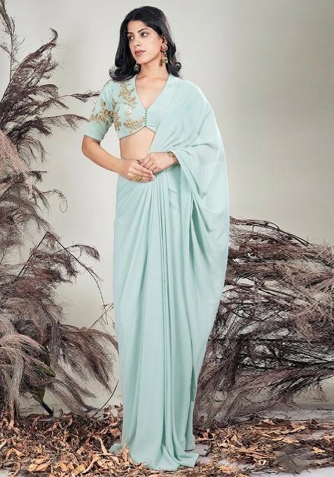 Off White Hand Work Embroidered Chinon Pre Draped Saree Set