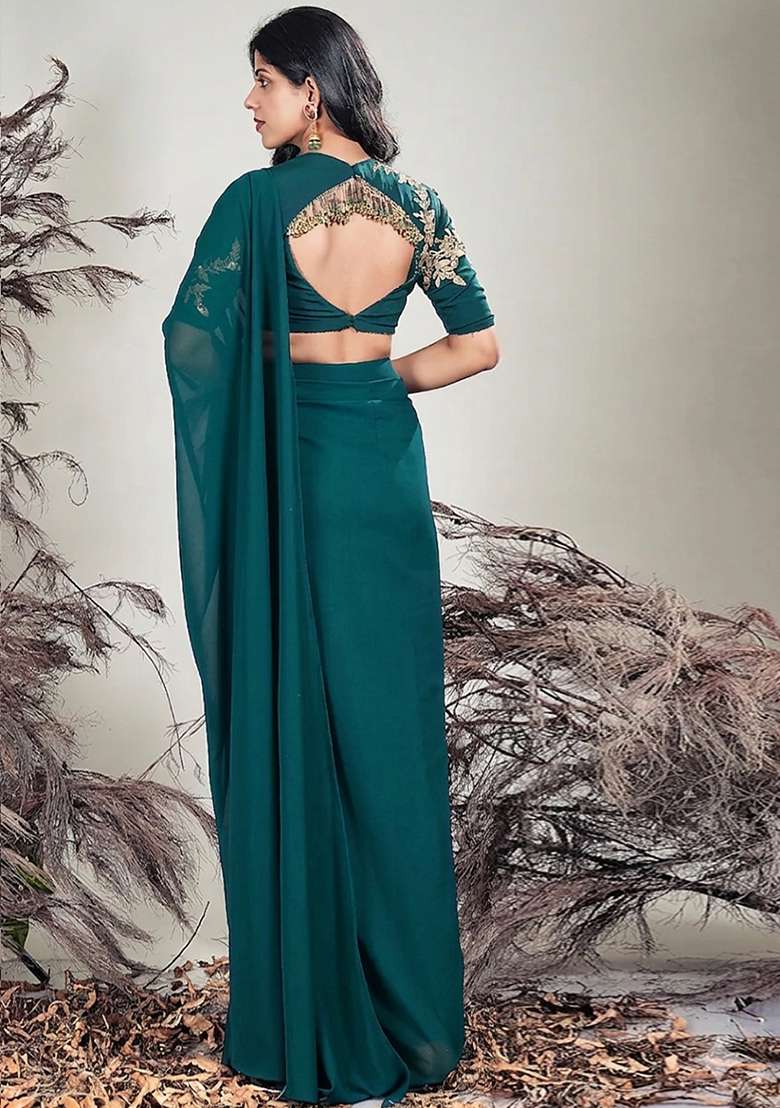 Deep Blue Hand Work Embroidered Chinon Pre Draped Saree Set - Indya