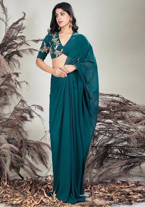 Deep Blue Hand Work Embroidered Chinon Pre Draped Saree Set