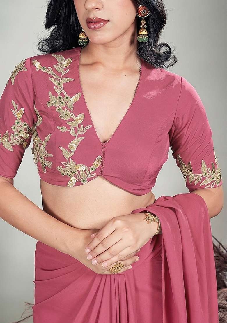 Soft Pink Hand Work Embroidered Chinon Pre Draped Saree Set - Indya