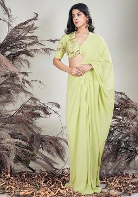 Lime Green Hand Work Embroidered Chinon Pre Draped Saree Set