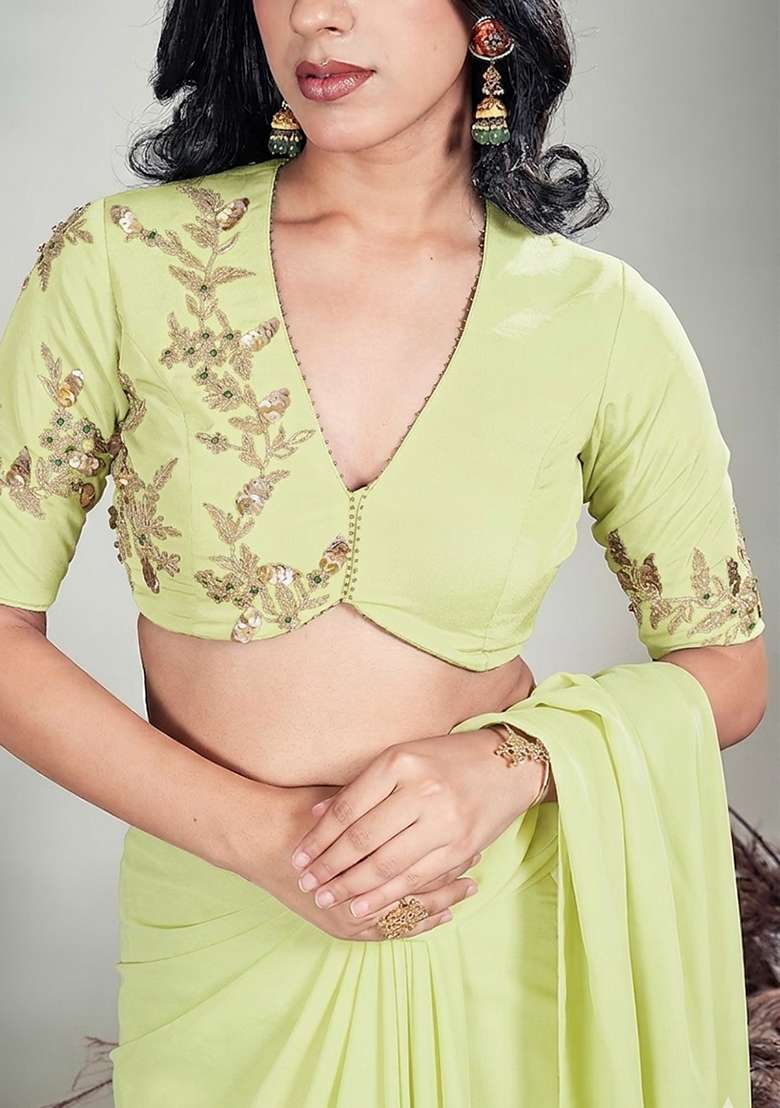 Lime Green Hand Work Embroidered Chinon Pre Draped Saree Set - Indya