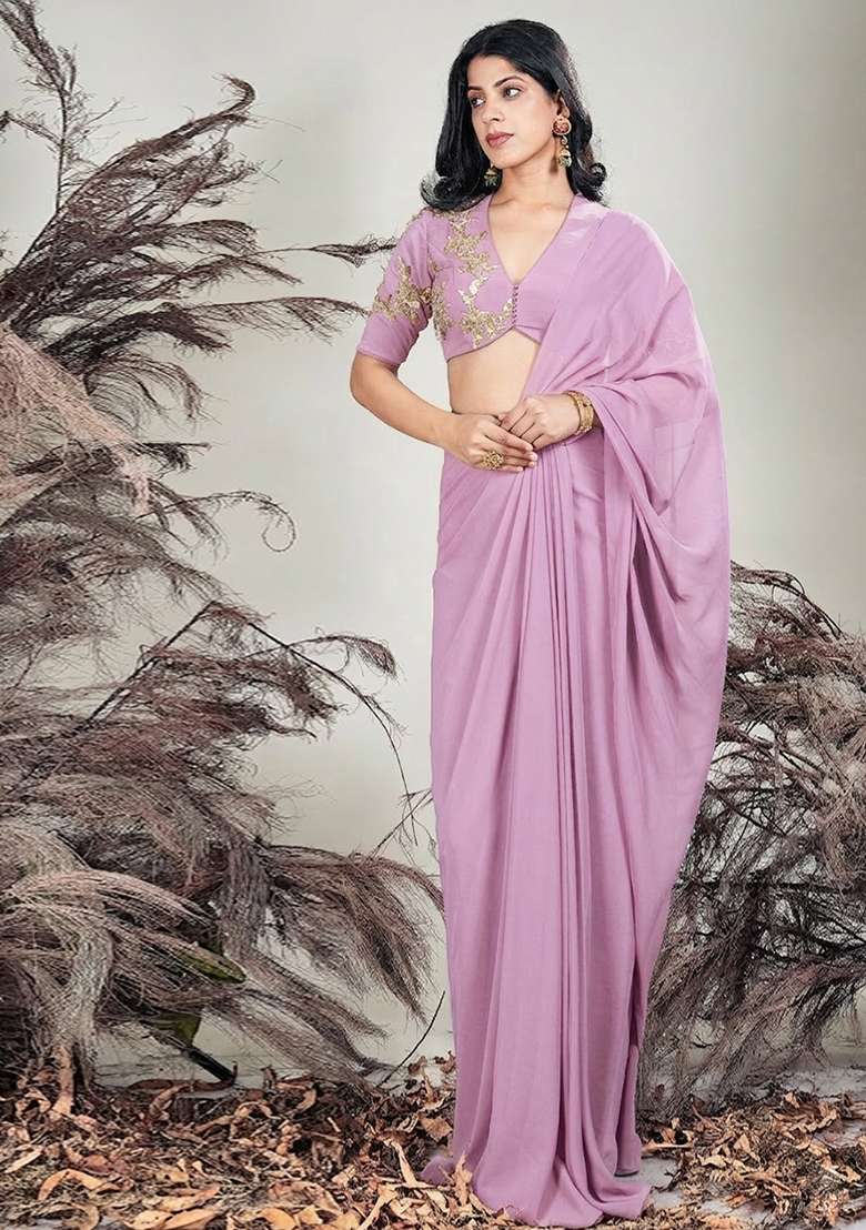 Mulberry Purple Hand Work Embroidered Chinon Pre Draped Saree Set - Indya