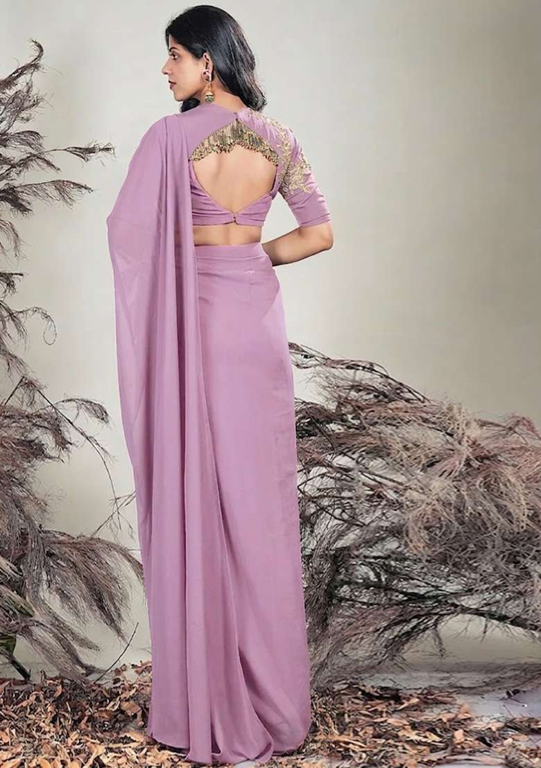 Mulberry Purple Hand Work Embroidered Chinon Pre Draped Saree Set - Indya