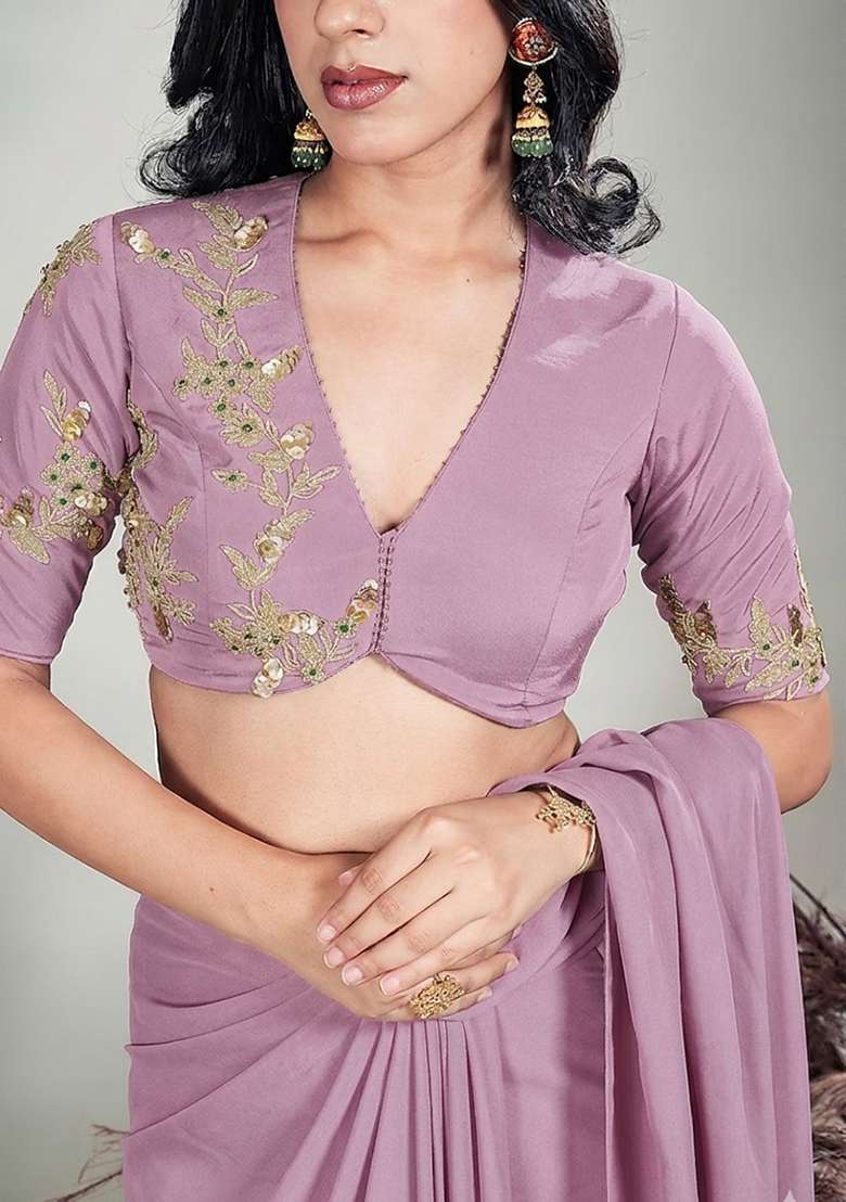 Mulberry Purple Hand Work Embroidered Chinon Pre Draped Saree Set - Indya