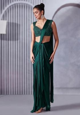 Emerald Green Hand Work Embellished Satin Pre Draped Saree Set