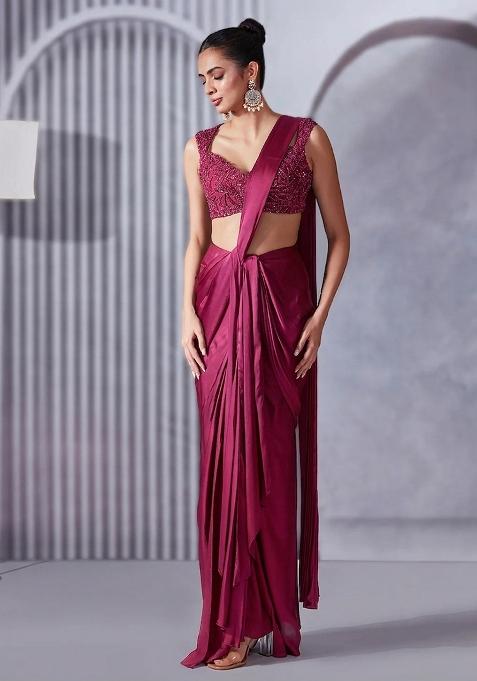 Rose Pink Hand Work Embellished Satin Pre Draped Saree Set