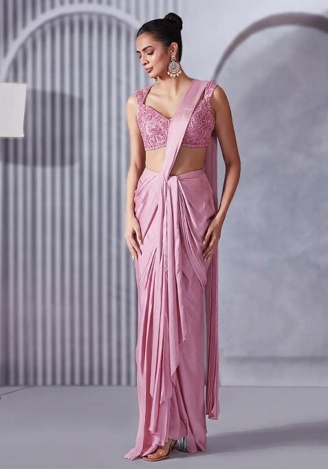 Soft Pink Hand Work Embellished Satin Pre Draped Saree Set