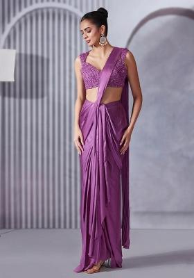 Soft Pink Hand Work Embellished Satin Pre Draped Saree Set