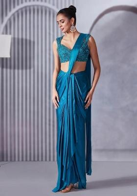 Deep Blue Hand Work Embellished Satin Pre Draped Saree Set