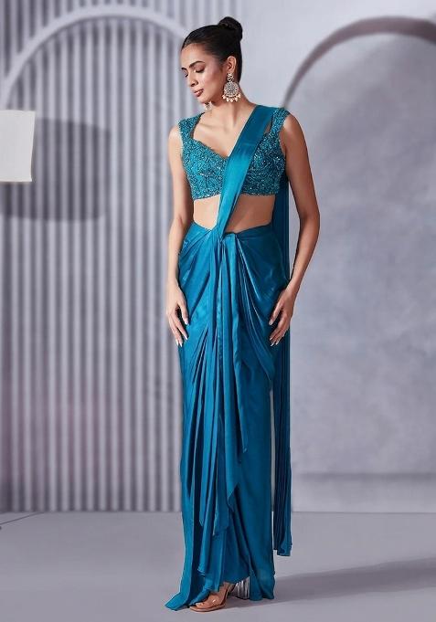 Deep Blue Hand Work Embellished Satin Pre Draped Saree Set