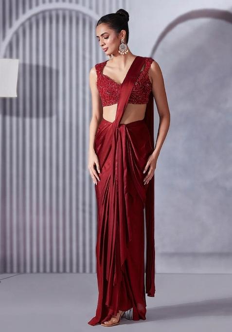 Deep Red Hand Work Embellished Satin Pre Draped Saree Set