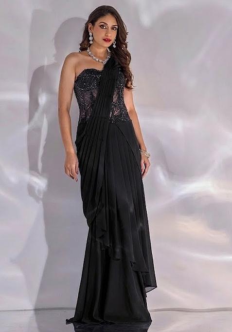 Black Hand Work Embellished Satin Pre Draped Saree Set