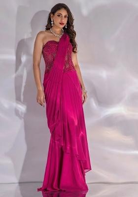 Soft Pink Hand Work Embellished Satin Pre Draped Saree Set