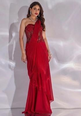 Deep Red Hand Work Embellished Satin Pre Draped Saree Set