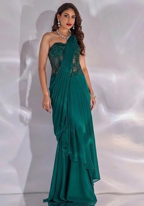 Teal Hand Work Embellished Satin Pre Draped Saree Set